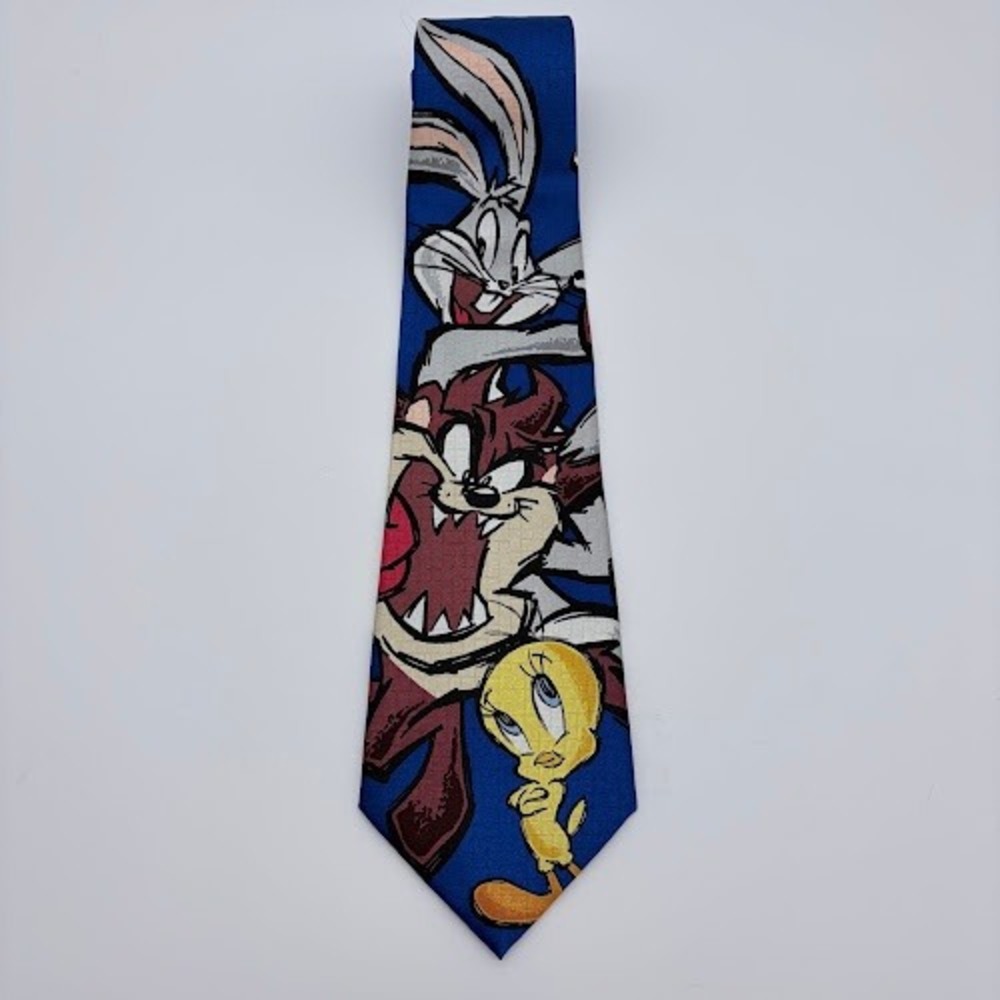 Looney Tunes Tie Mens OS Blue Graphic Bugs Bunny Taz Tweety VTG Silk Hand Made